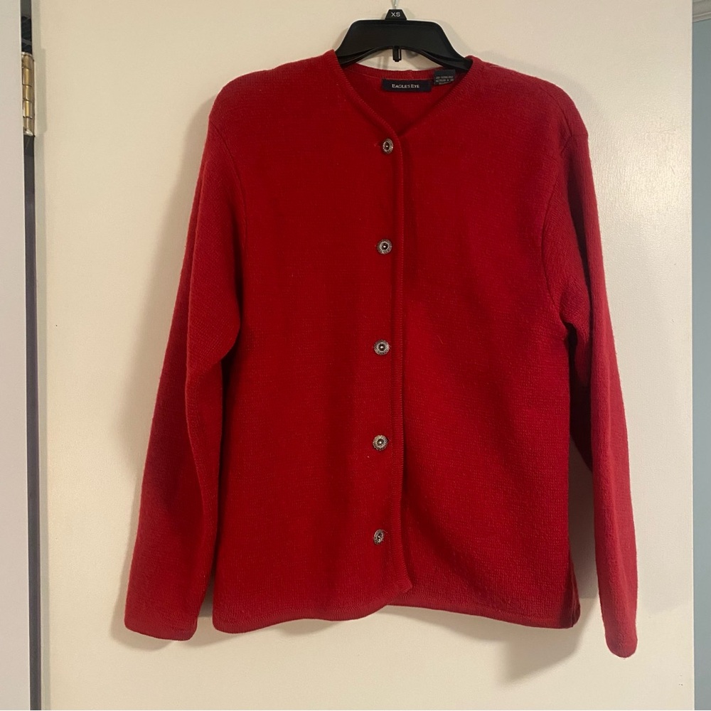 VTG Womens L Cardigan Sweater Red 100% Wool Silver Button Down Knit CottageCore